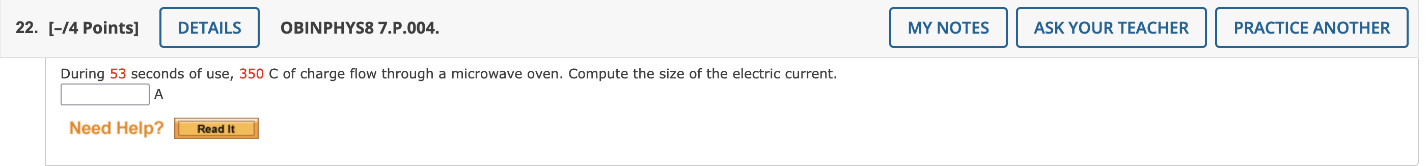  22. [-/4 Points] DETAILS OBINPHY58 7.P.004. MY NOTES ASK YOUR TEACHER