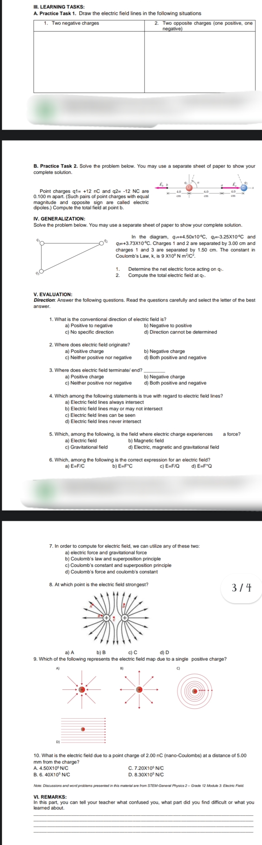  III. LEARNING TASKS: A. Practice Task 1. Draw the electric field