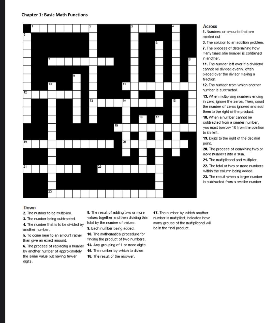  Chapter 1: Basic Math Functions Across 1. Numbers or amounts that