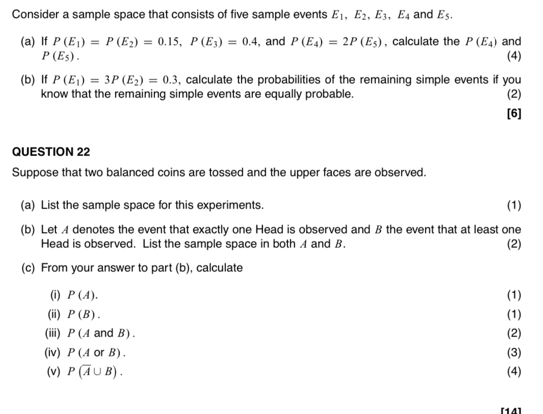 Consider a sample space that consists of five sample events El,