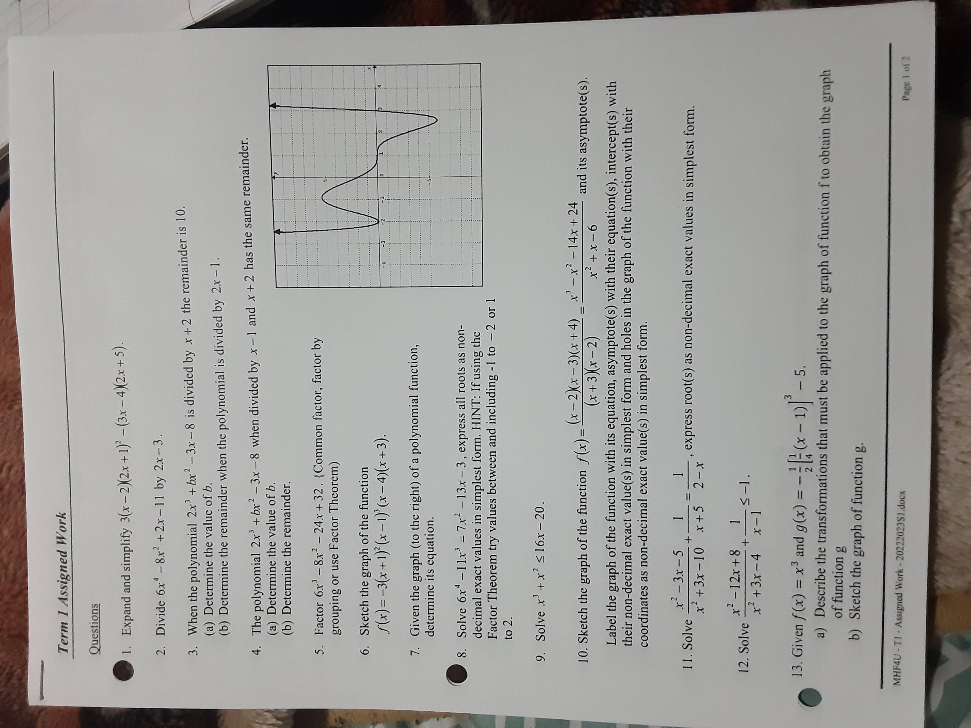  Term 1 Assigned Work Questions 1. Expand and simplify 3(x -