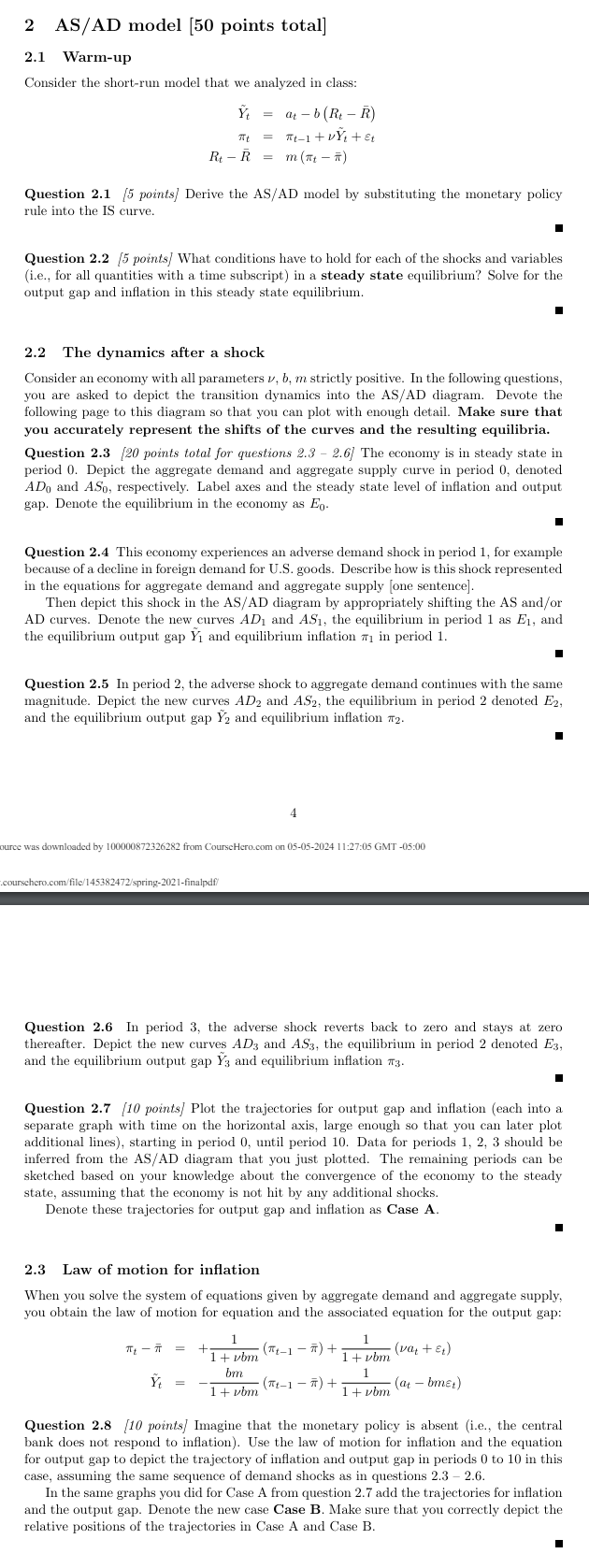  2 AS/AD model [50 points total] 2.1 Warm-up Consider the short-run