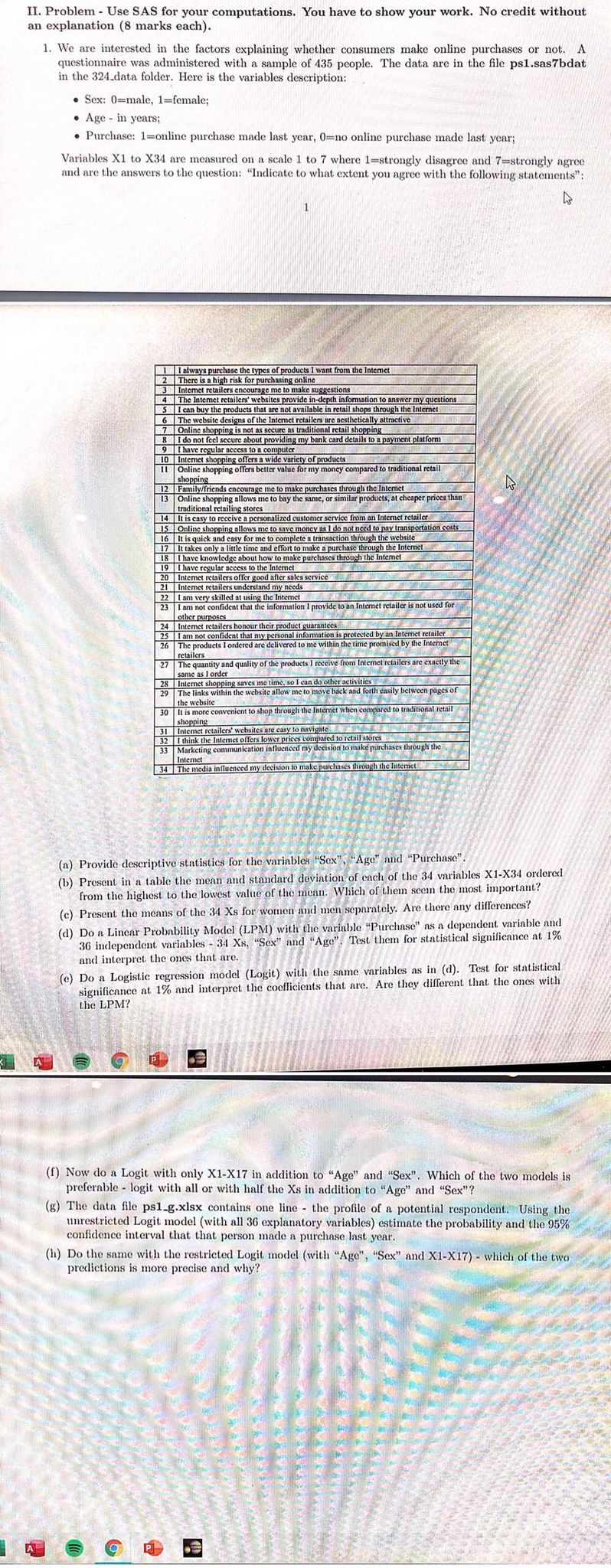  II. Problem - Use SAS for your computations. You have to