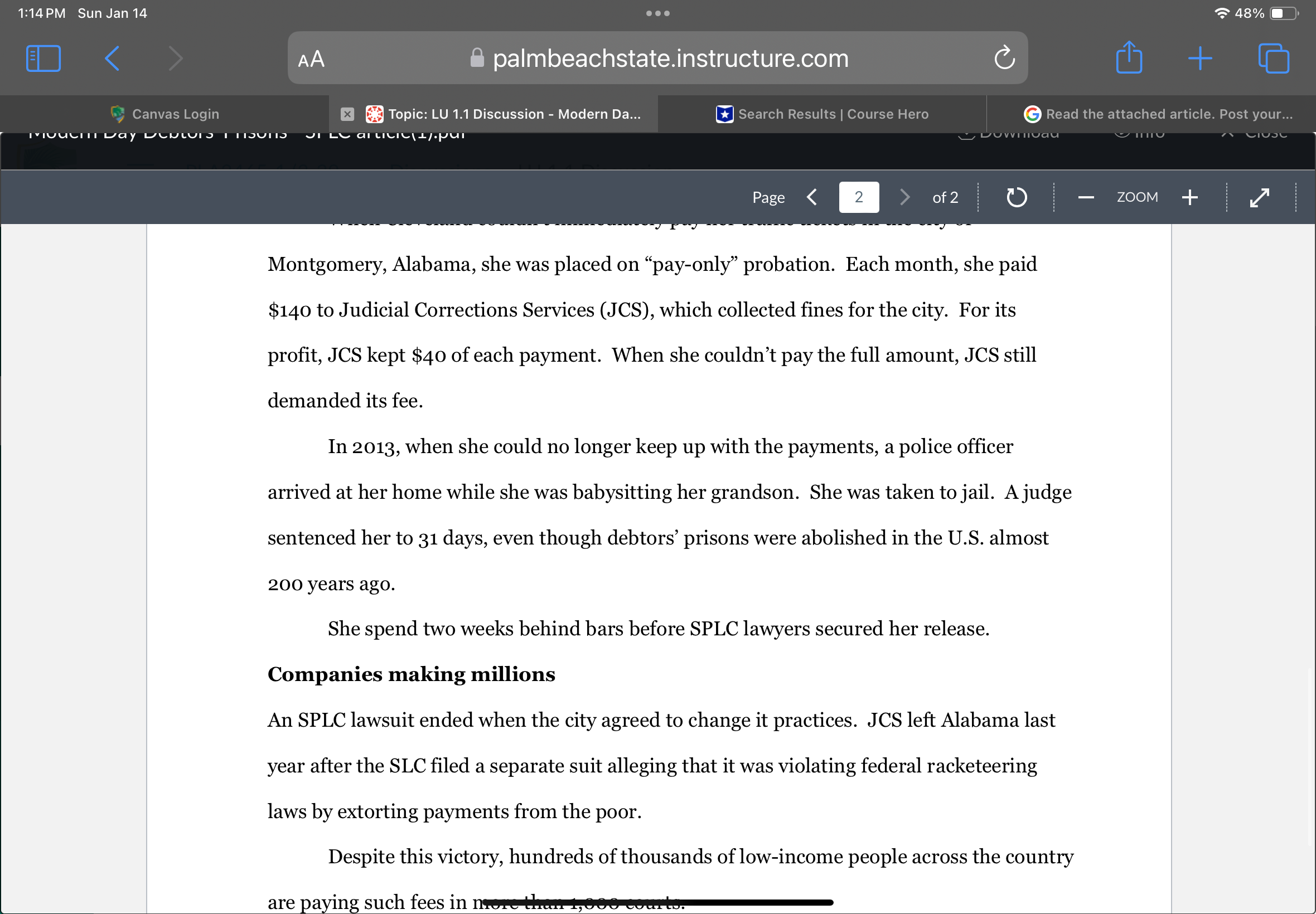 Jan 14 48% AA palmbeachstate.instructure.com + Canvas Login x Topic: LU 1.1