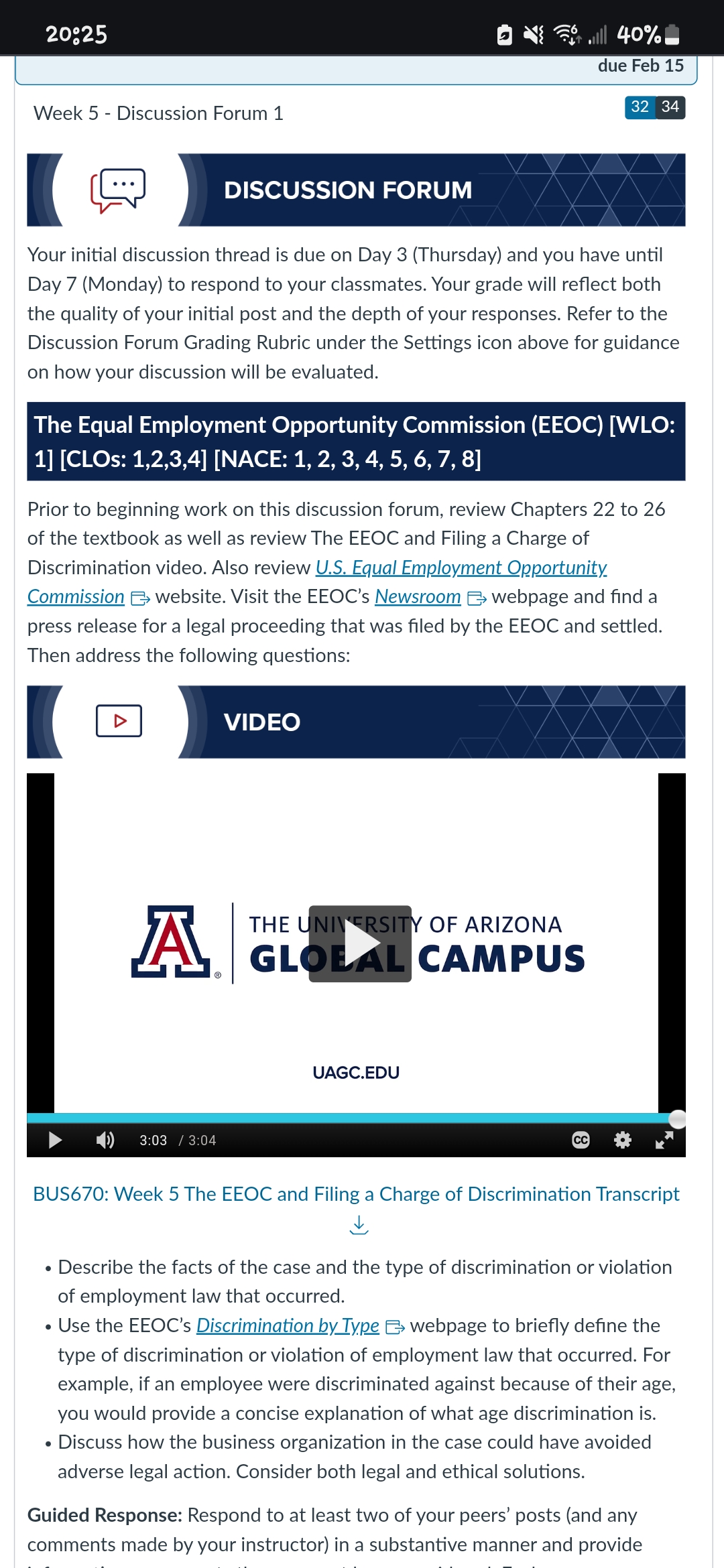 8 &= . 40%= due Feb 15 Week 5 - Discussion