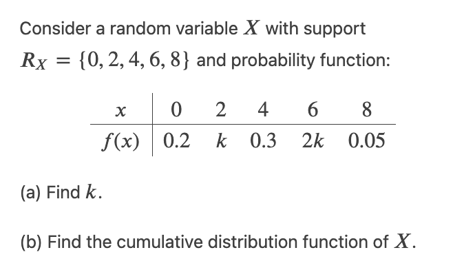  Consider a random variable X with support RX = {0, 2,