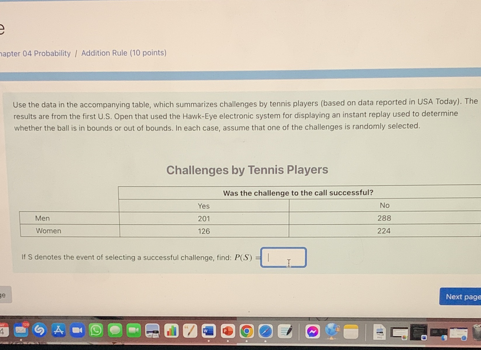 apter 04 Probability / Addition Rule (10 points) Use the data