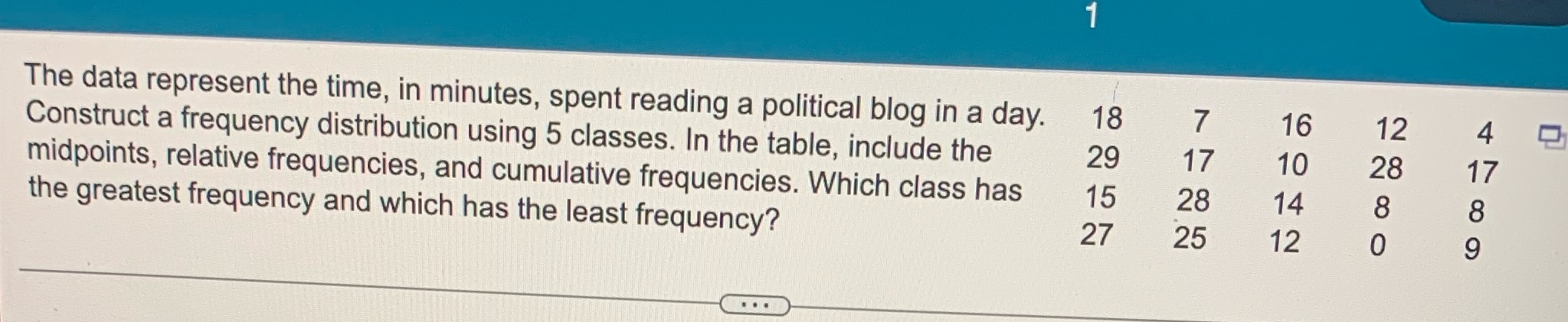 frequency, midpoint, relative frequency, cumulative frequency The data represent the time, in