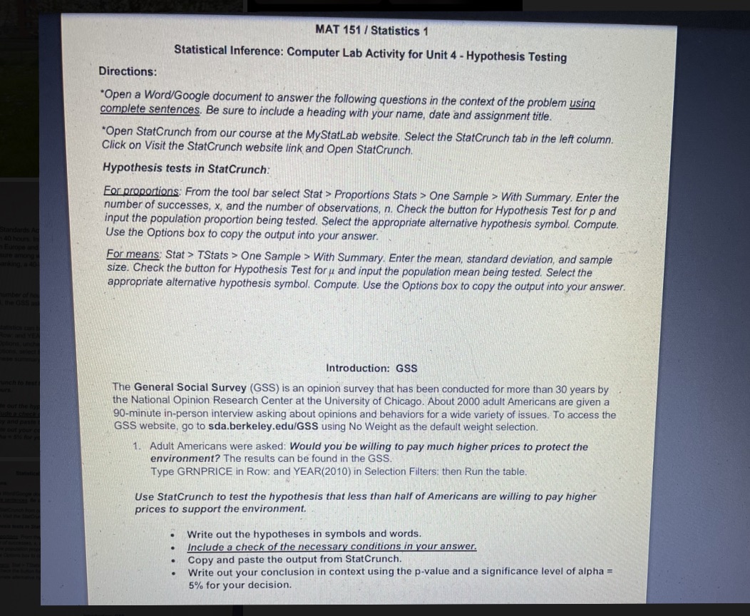  MAT 151 / Statistics 1 Statistical Inference: Computer Lab Activity for