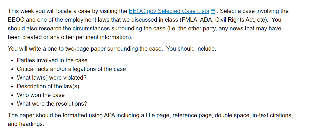  This week you will locate a case by visiting the EEOC