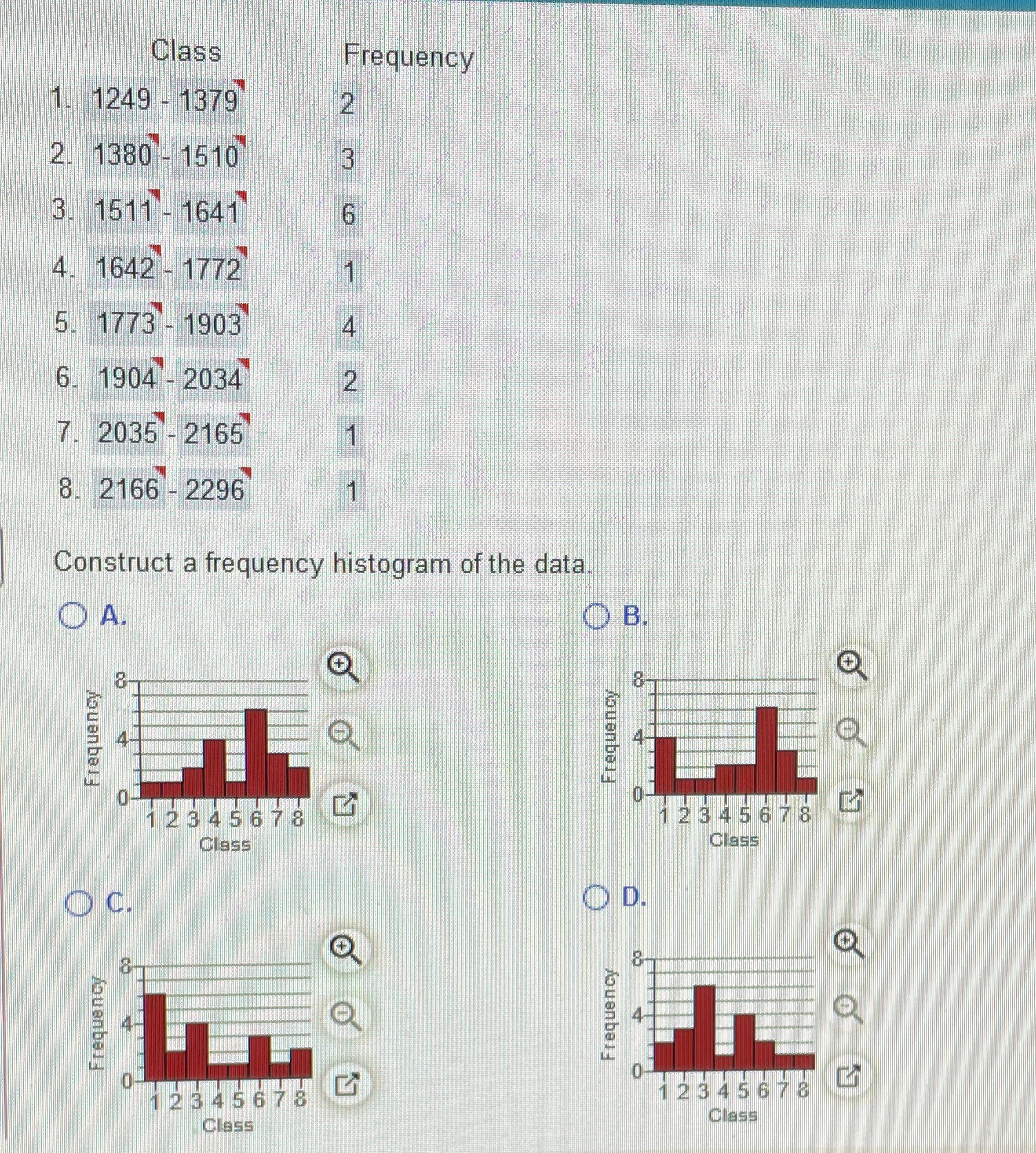 Class Frequency 1. 1249 - 1379 2 2 1380 - 1510