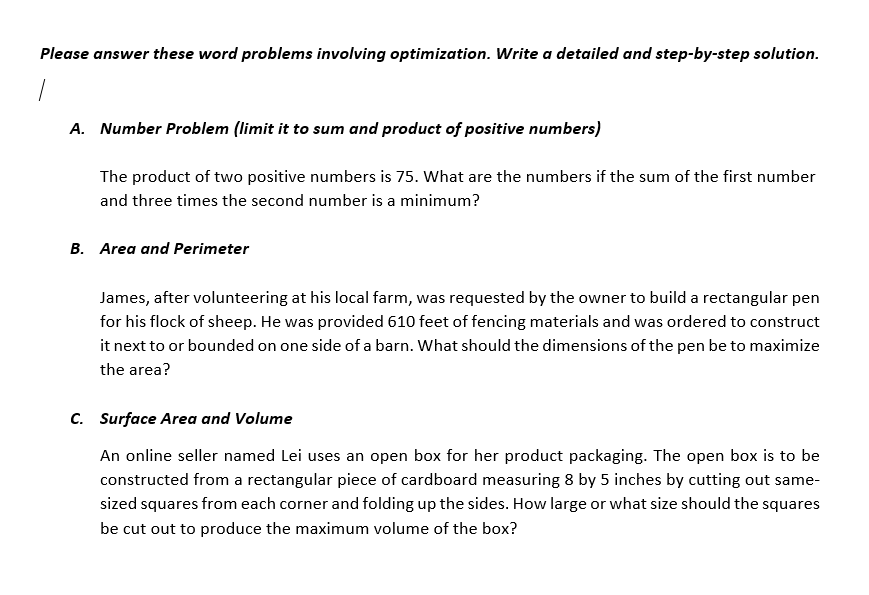 Piease answer these word probiems invoiving optimization. Write a detailed and