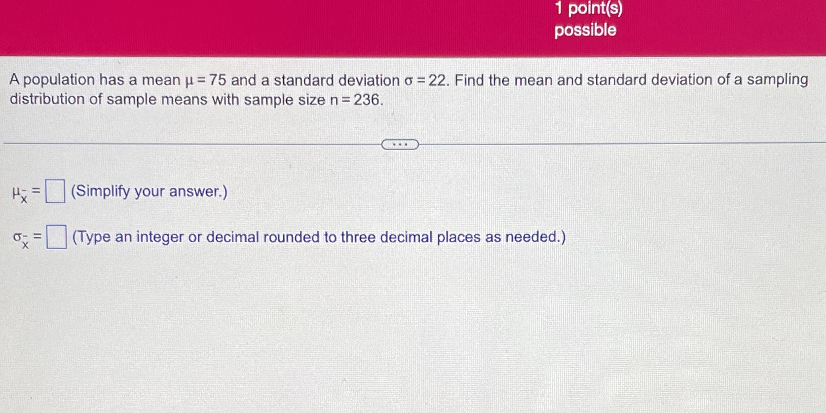 'l point(s) possible \\ A population has a mean u =