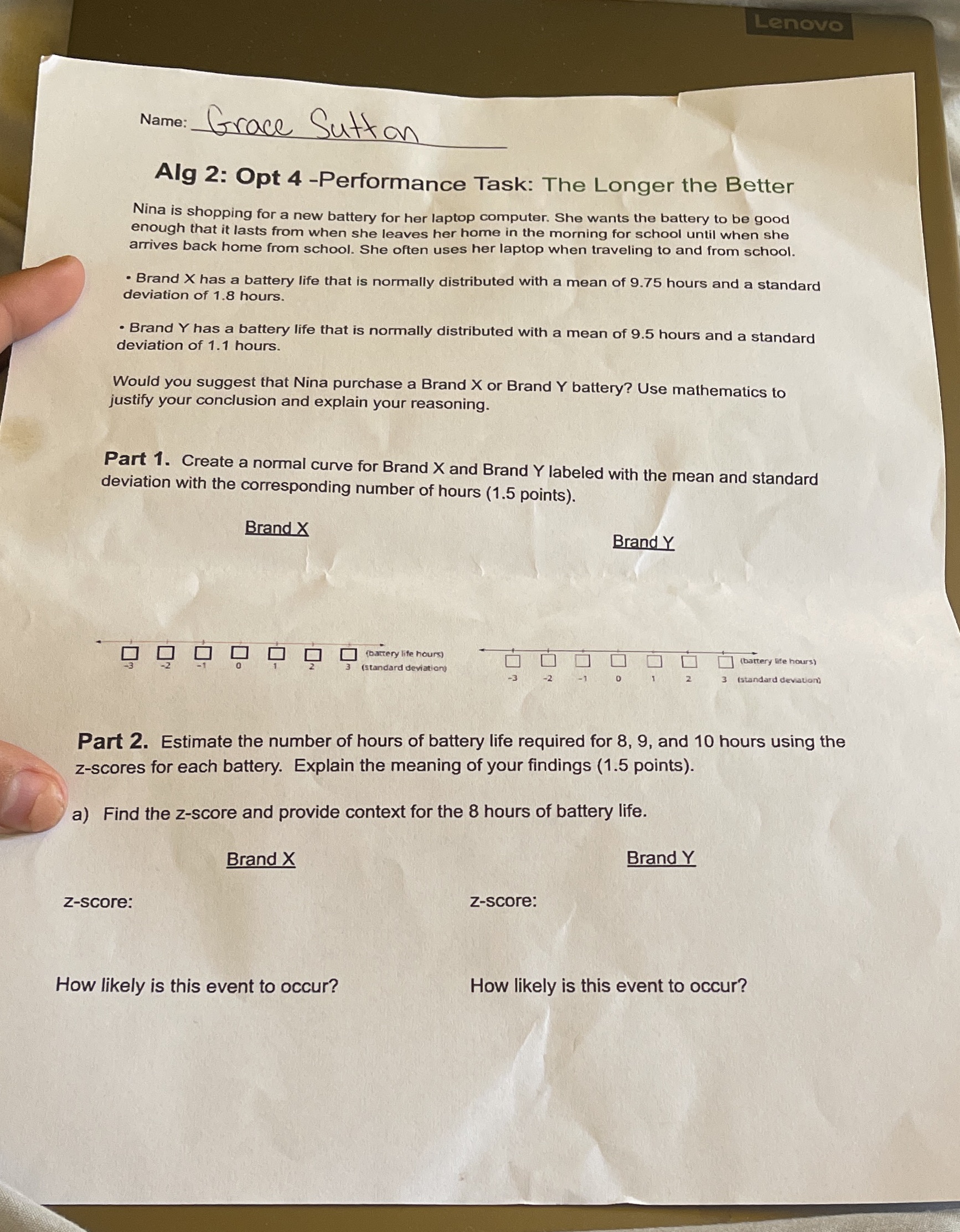  _\\ "a\": (QR I Alg 2: Opt 4 -Performance Task: The
