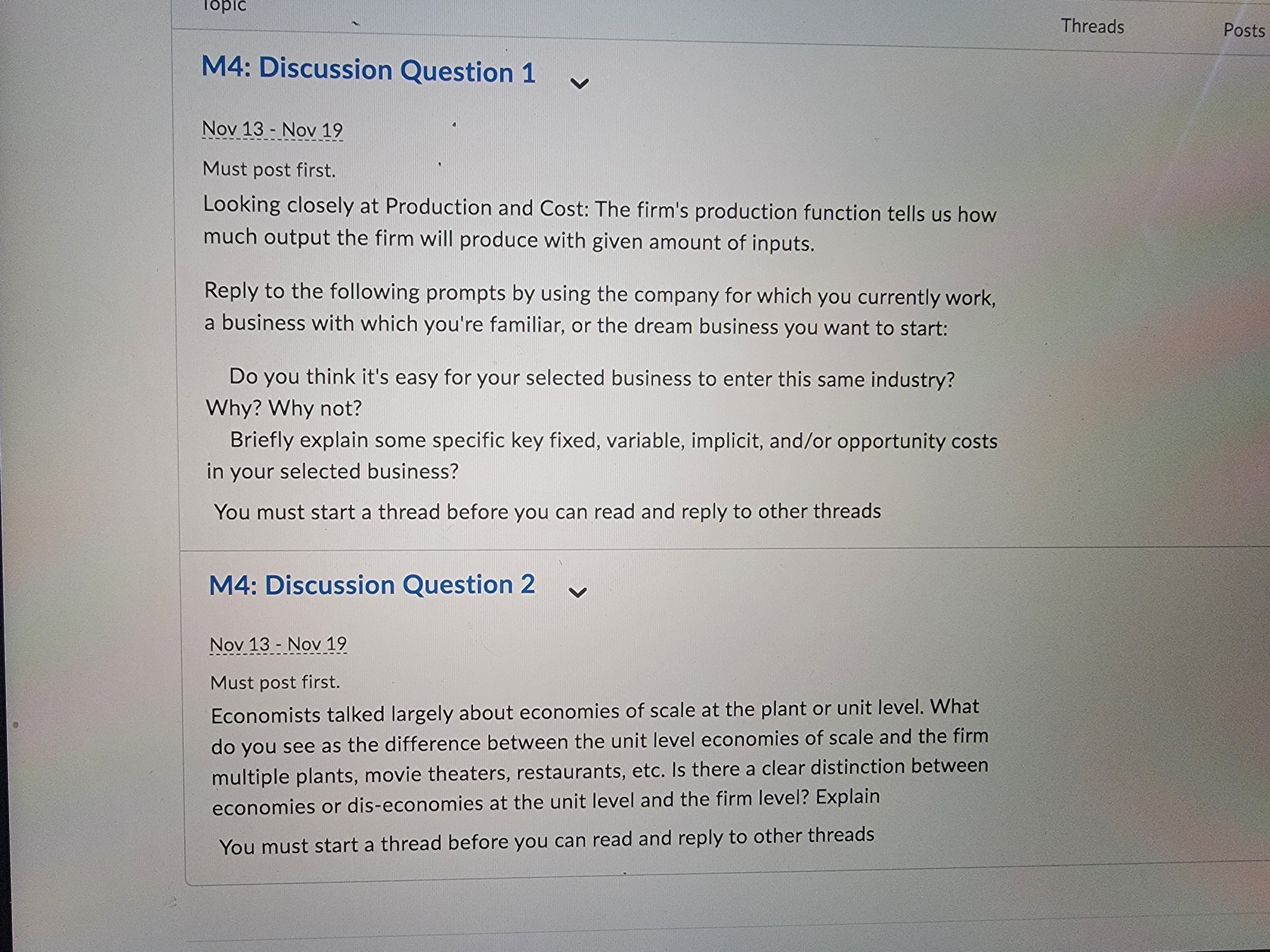  Topic Threads Posts M4: Discussion Question 1 v Nov 13 -