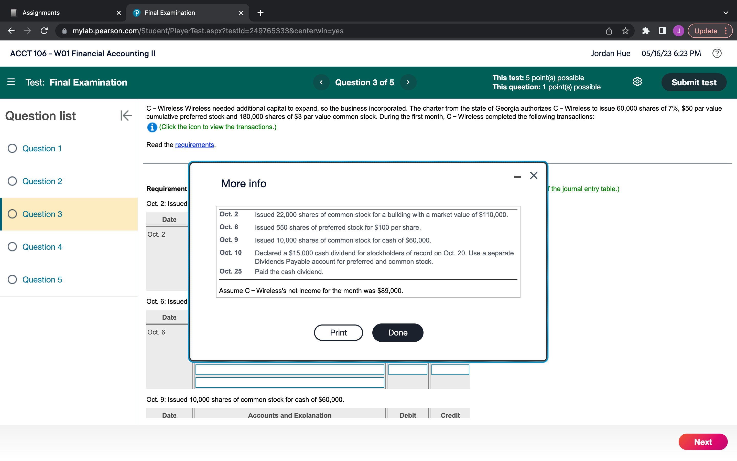 Question #3 E Assignments X 13 Final Examination (- C' i mylabpearsoncom