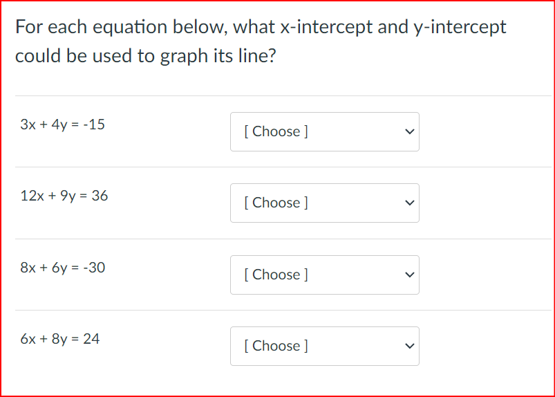 For each equation below, what x-intercept and y-intercept could be used