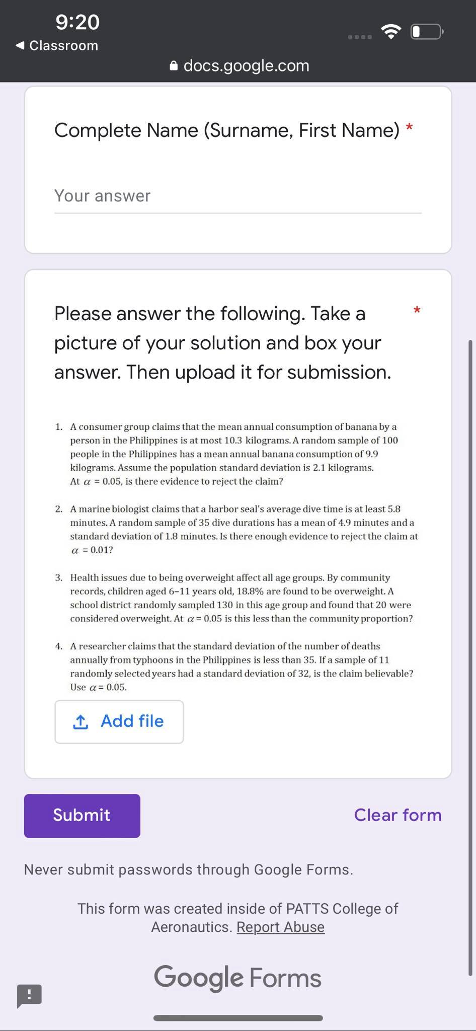 its better if the answer was typewritten 9:20 Classroom a docs.google.com Complete