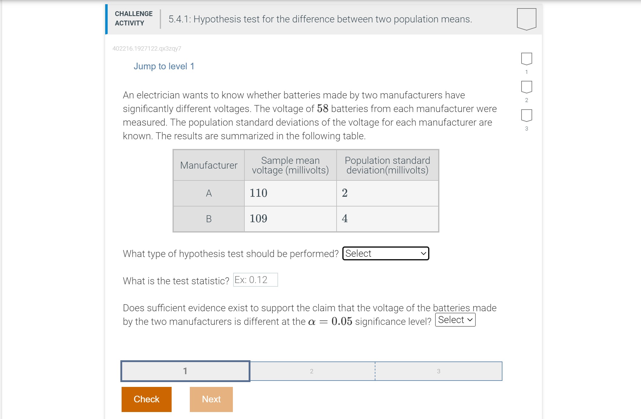  CHALLENGE ACTIVITY 5.4.1: Hypothesis test for the difference between two population