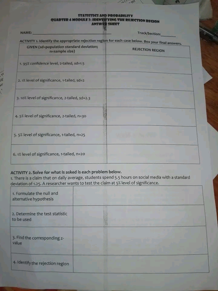  STATISTICS AND PROBABILITY QUARTER 4 MODULE ?: IDENTIFYING THE REJECTION REGION