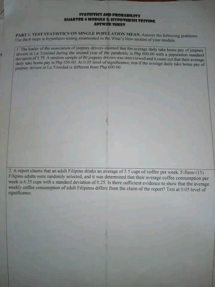 STATISTICS AND PROBABILITY QUARTER 4 MODULE S HYPOTHESIS TESTING ANSWER THEET
