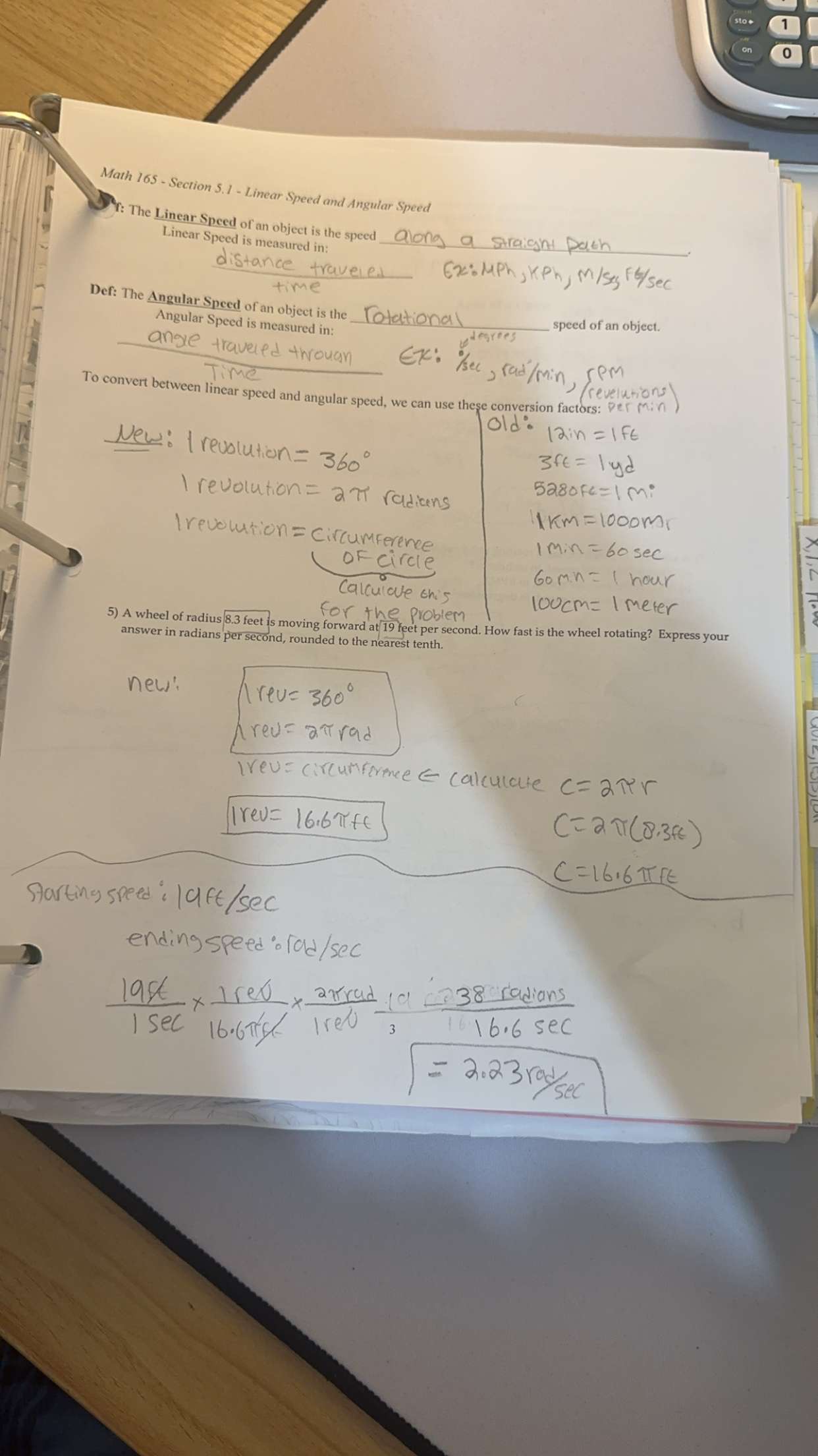 Math 165 - Section 5.1 - l.inear speed speed : of an