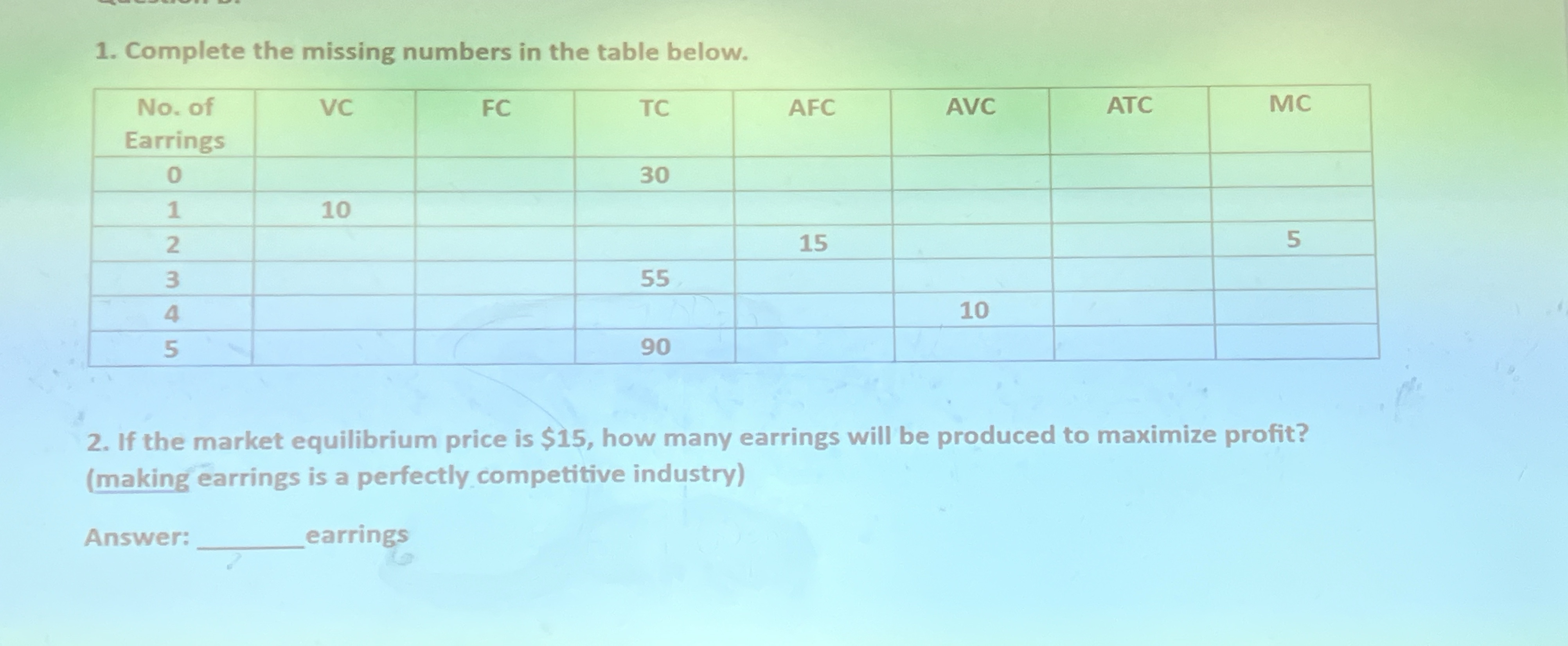 What steps would I take to complete the table.. Please include formulas