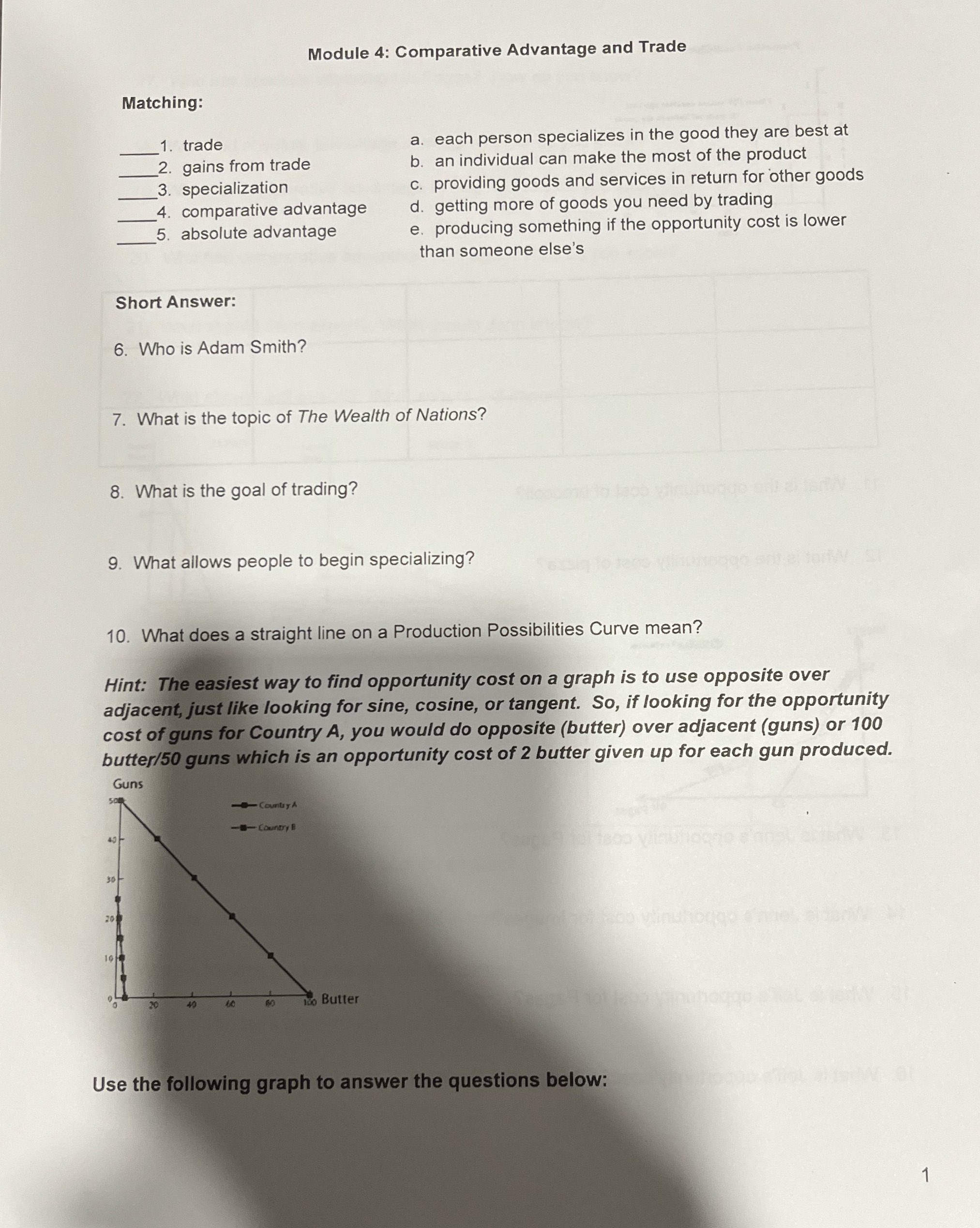 Please answer Module 4: Comparative Advantage and Trade Matching: 1. trade a.