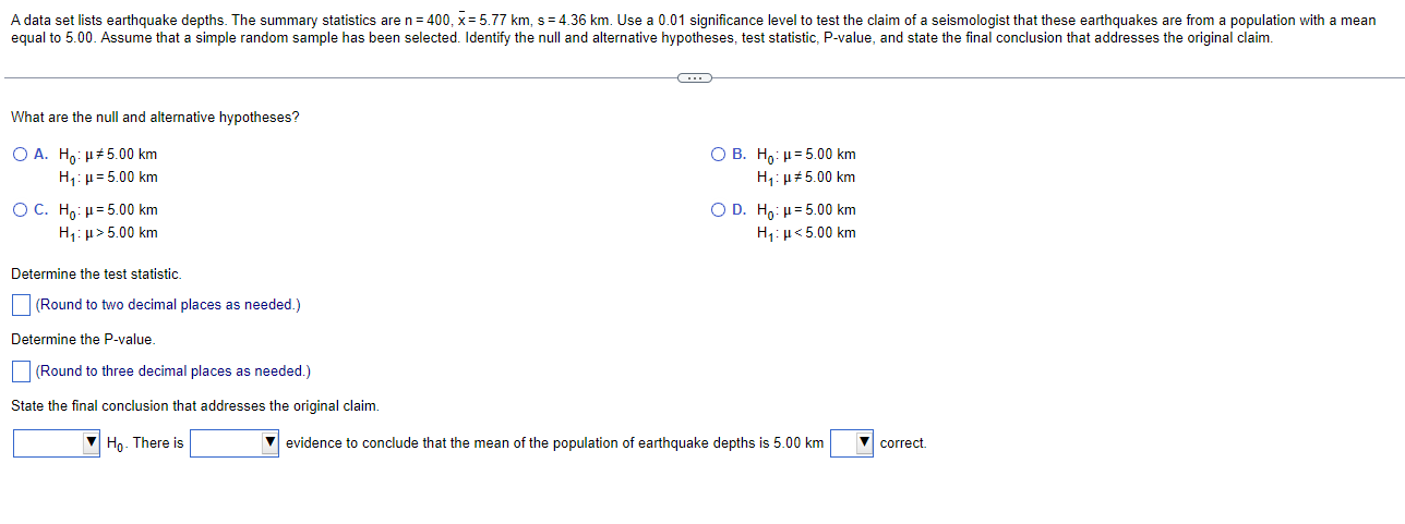 A data set lists earthquake depths. The summary statistics are n