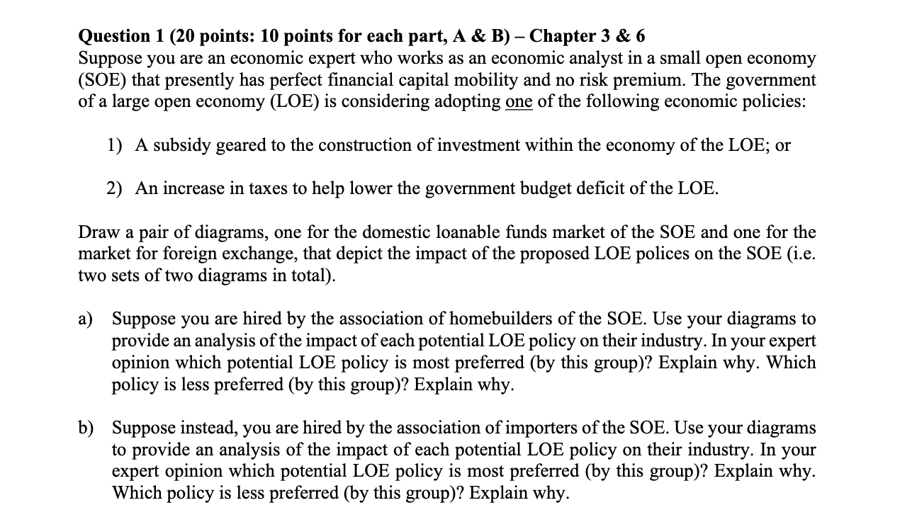 Question 1 (20 points: 10 points for each part, A &