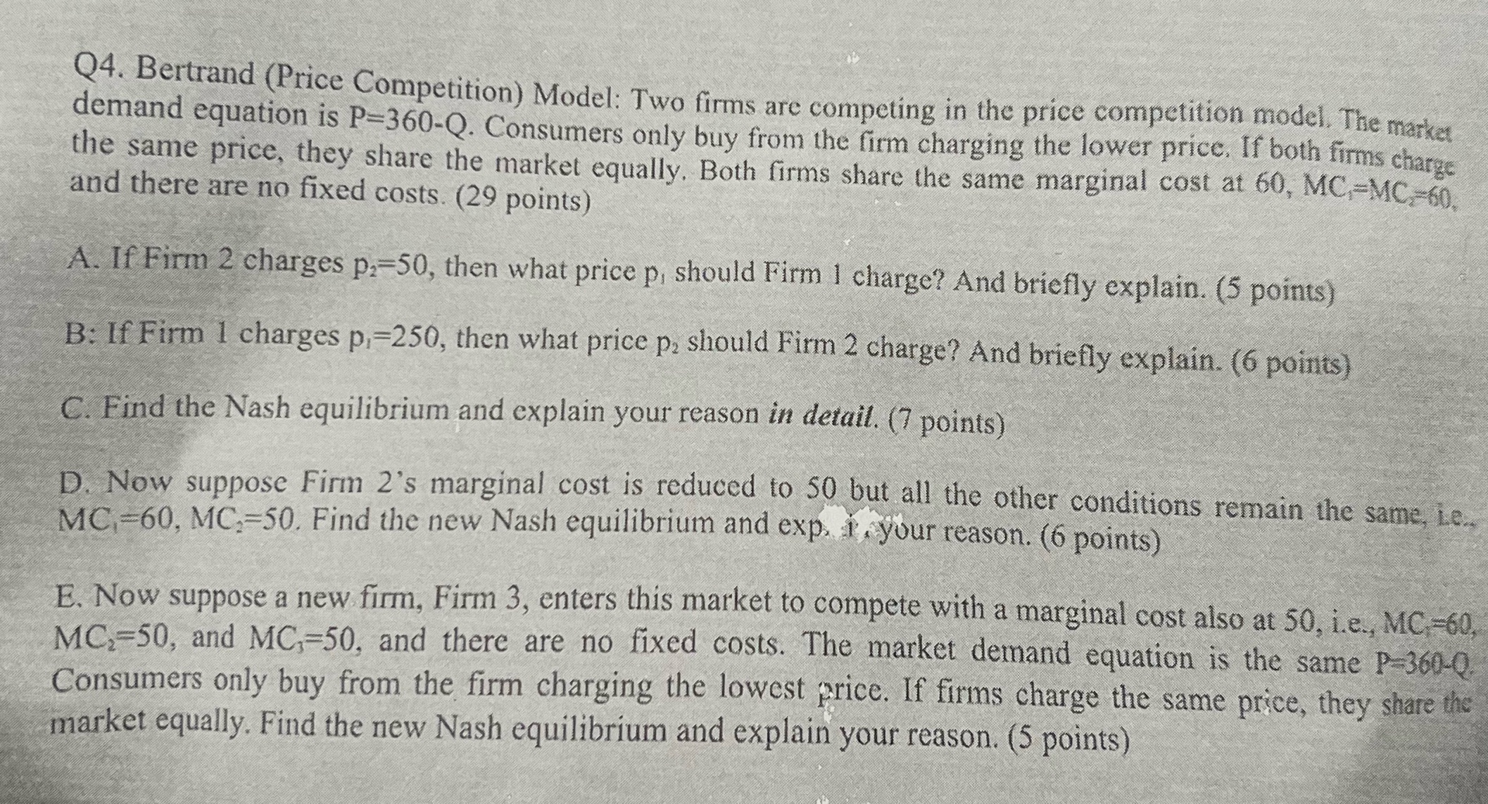 please help me do the E part. Q4. Bertrand (Price Competition) Model: