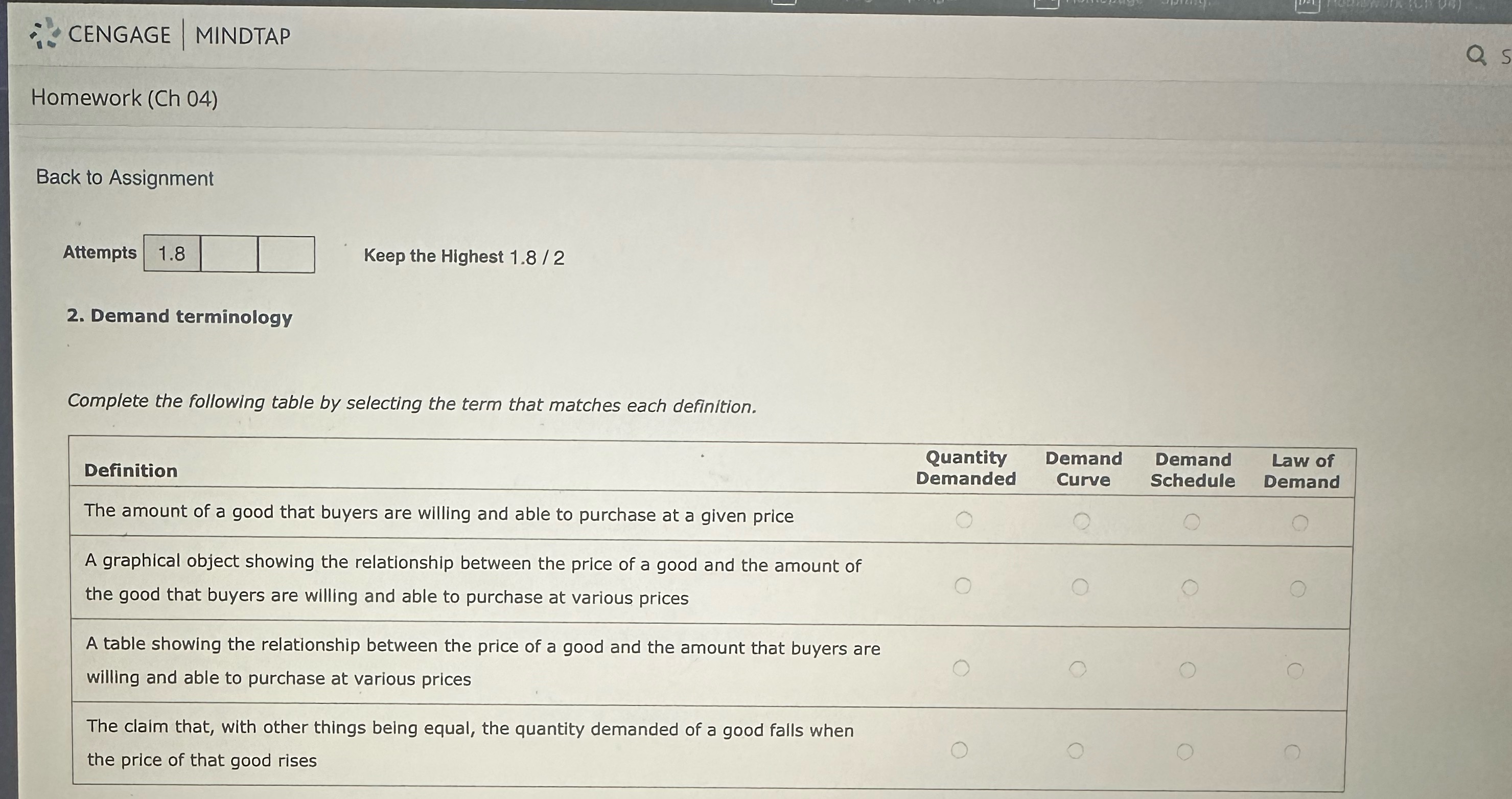  CENGAGE| MINDTAP Q s Homework (Ch 04) Back to Assignment Attempts