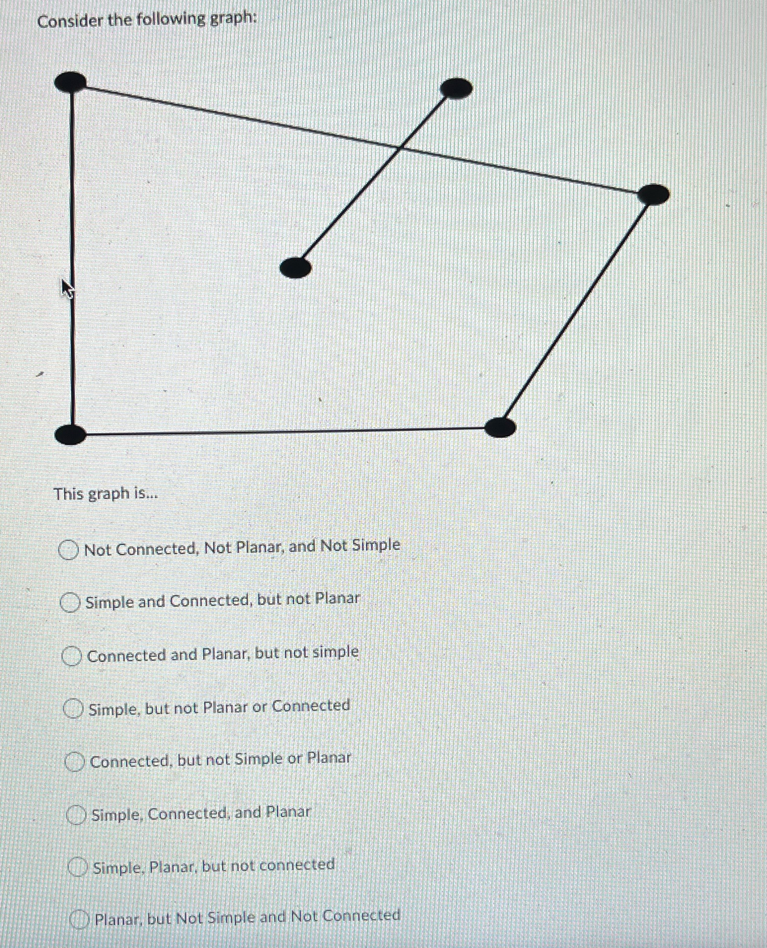 Consider the following graph: This graph is... Not Connected, Not Planar,