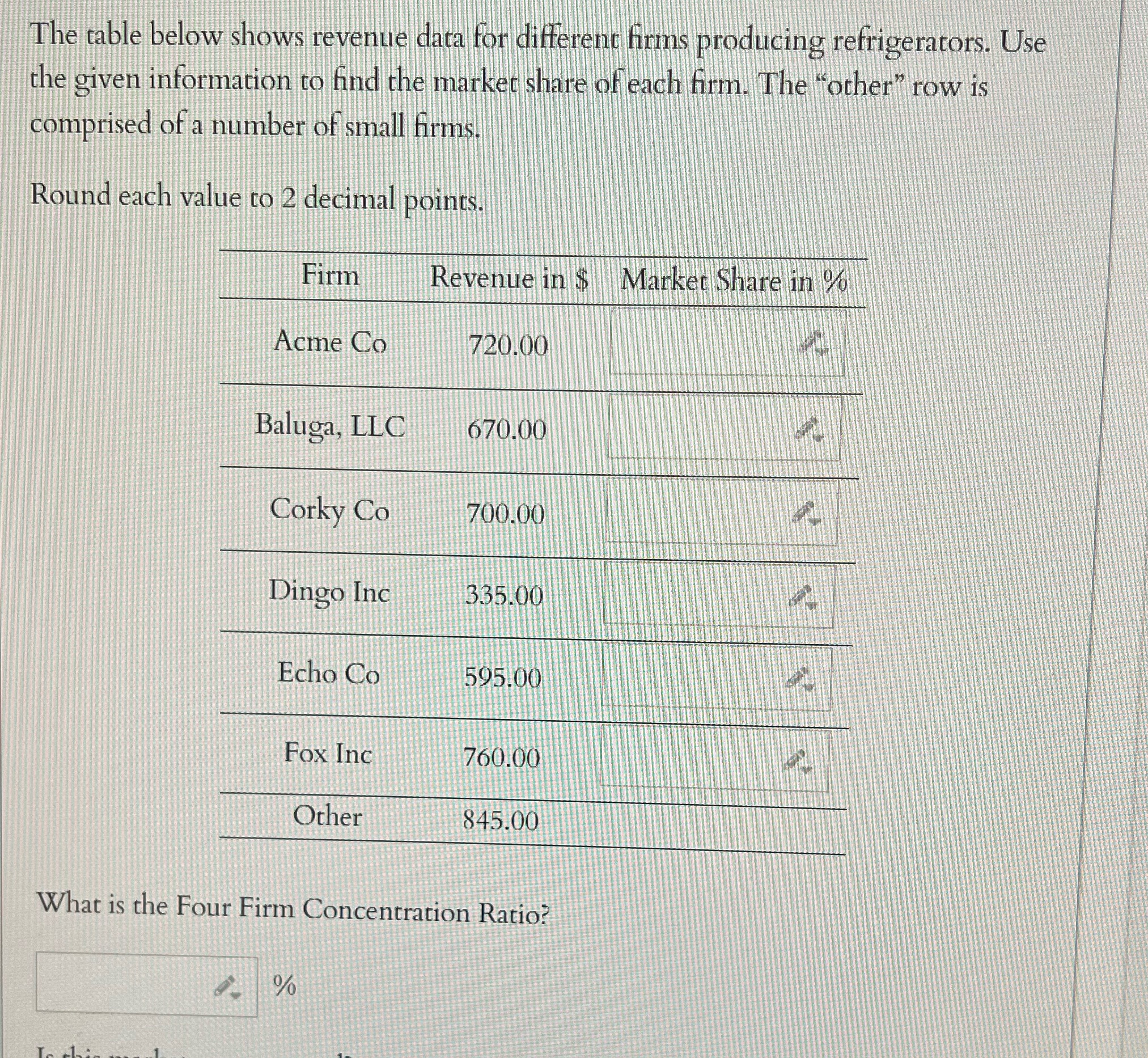 Question 6 chapter 11 The table below shows revenue data for different