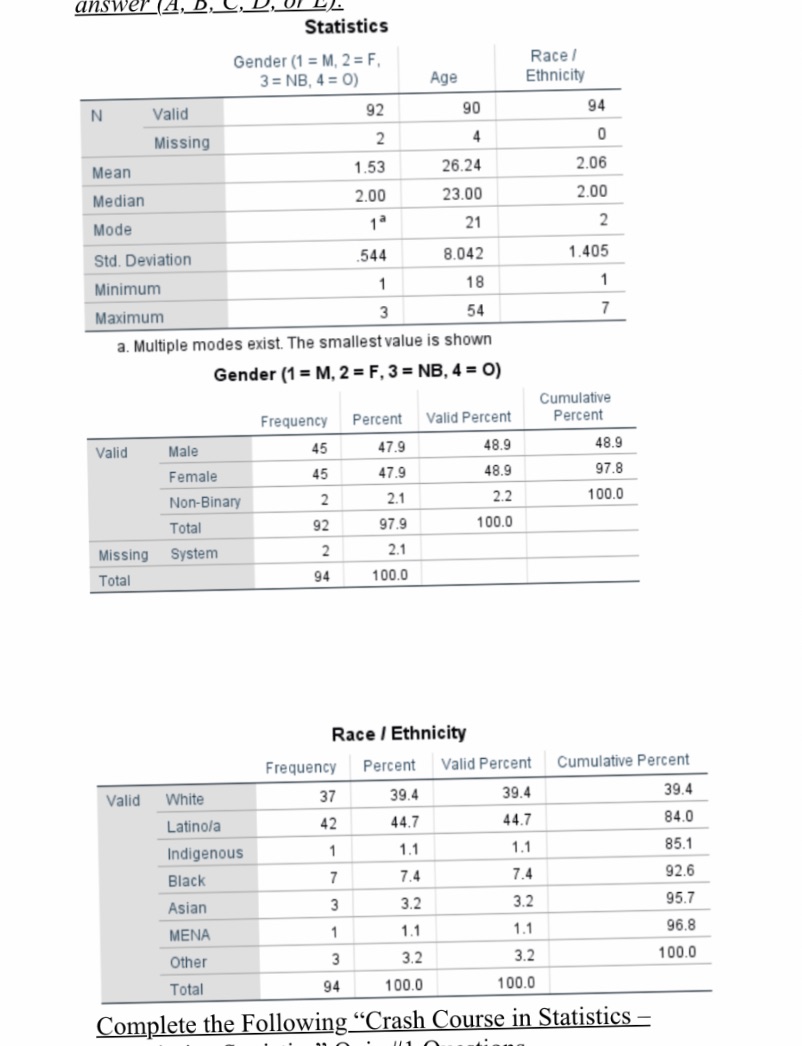 Multiple choice answer (A, D Statistics Gender (1 = M, 2 =