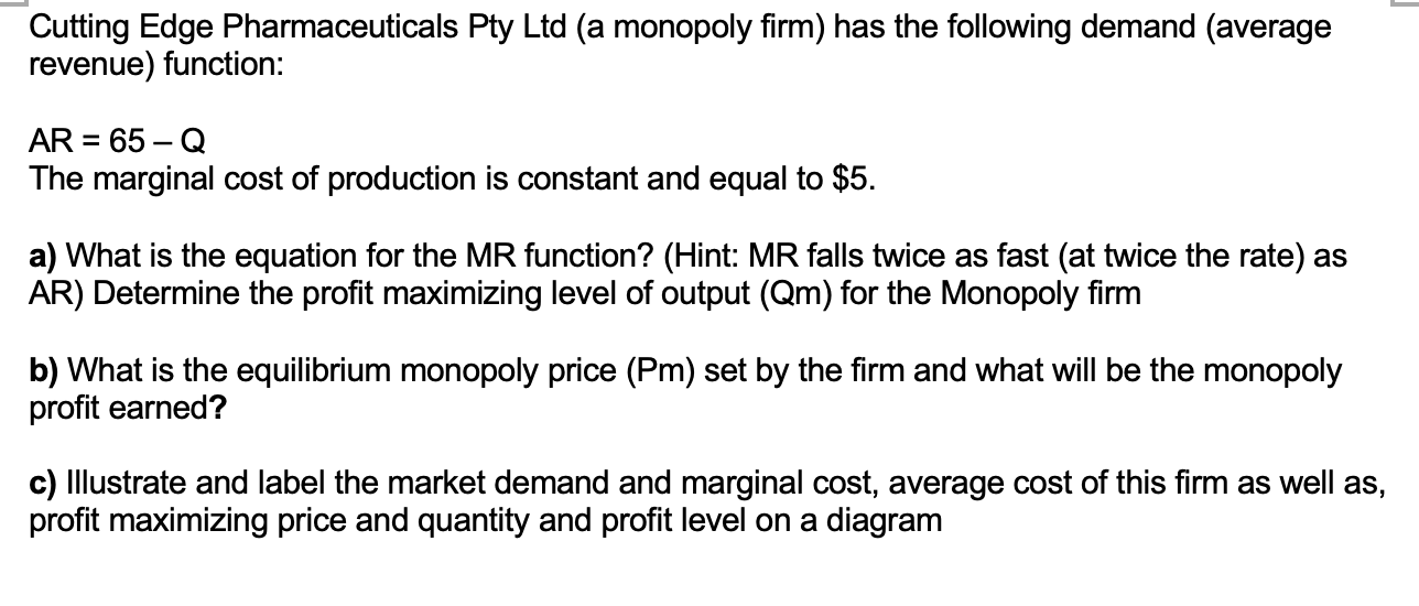  Cutting Edge Pharmaceuticals Pty Ltd (a monopoly rm) has the following