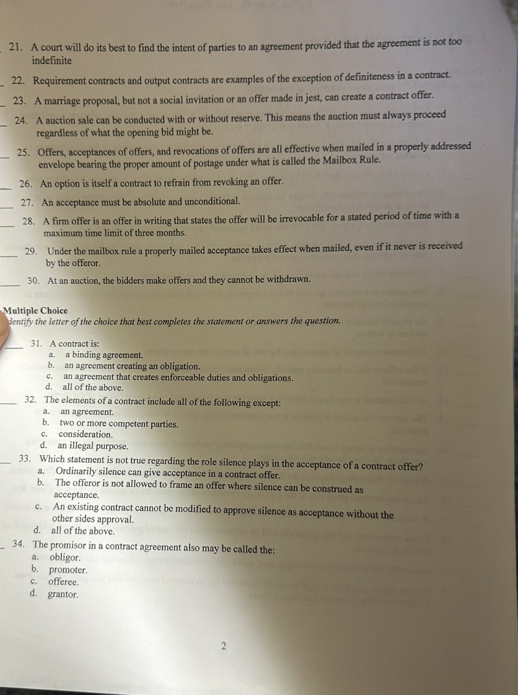 Please answer True or False questions 21-30, and also multiple questions 31-34