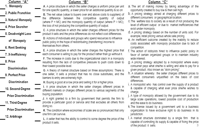 Column "A" Column "B" Column "C" 1. Monopoly A. A price