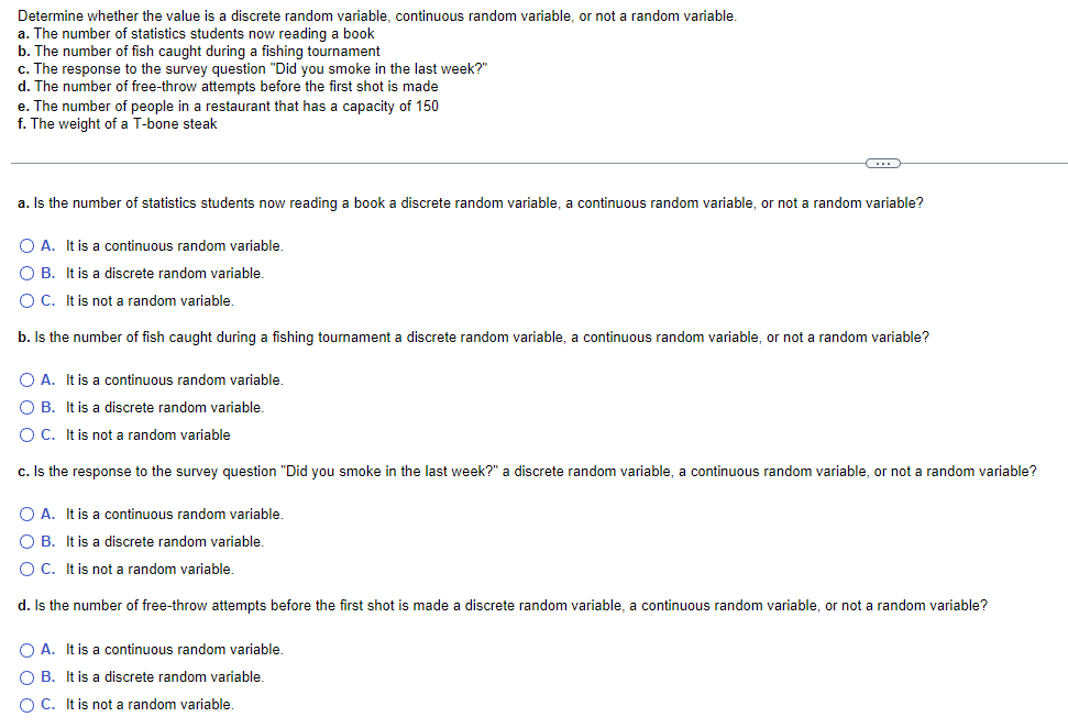  Determine whether the value is a discrete random variable. continuous random