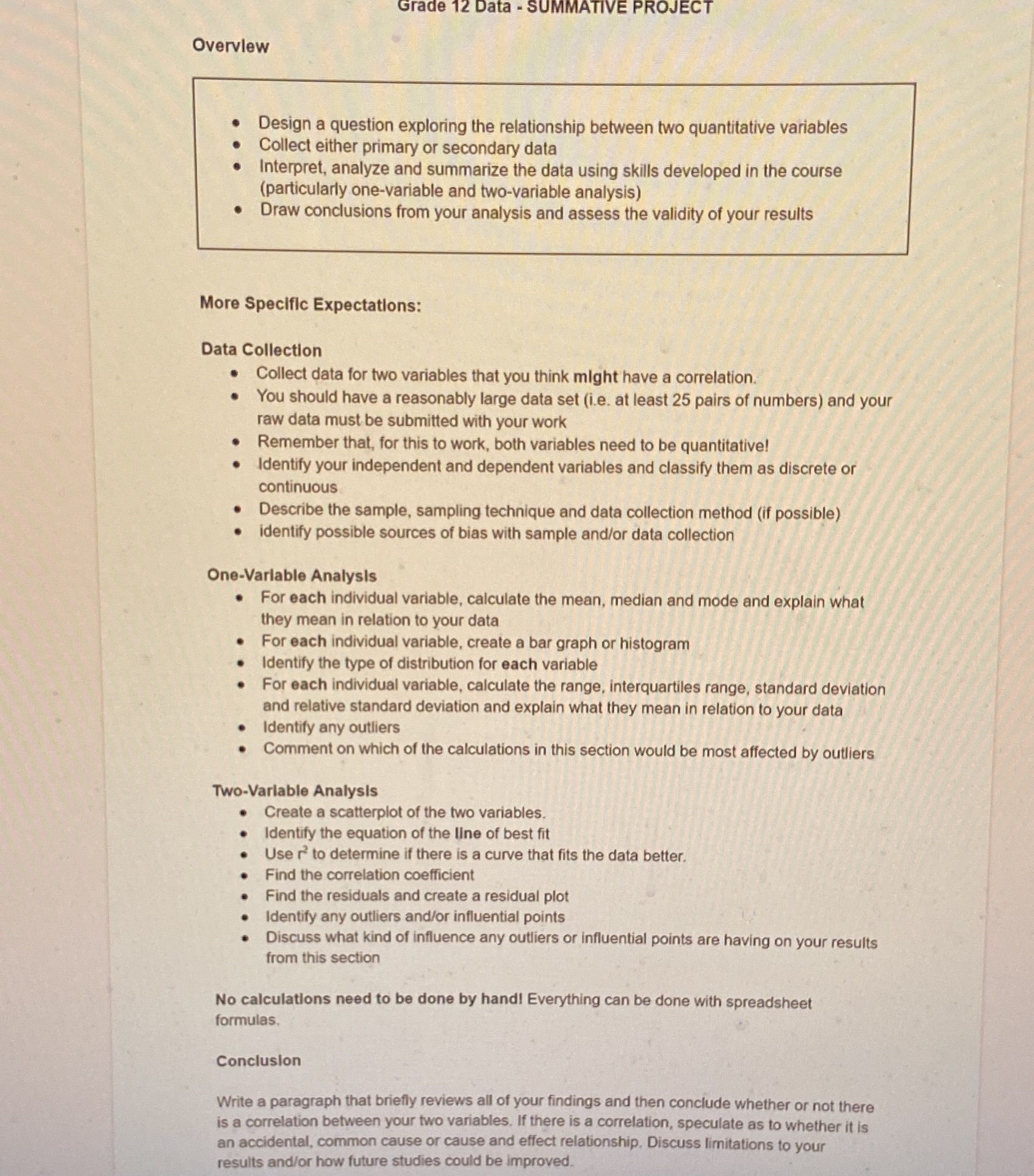 Grade 12 UMMATIVE PROJECT Overview Design a question exploring the relationship