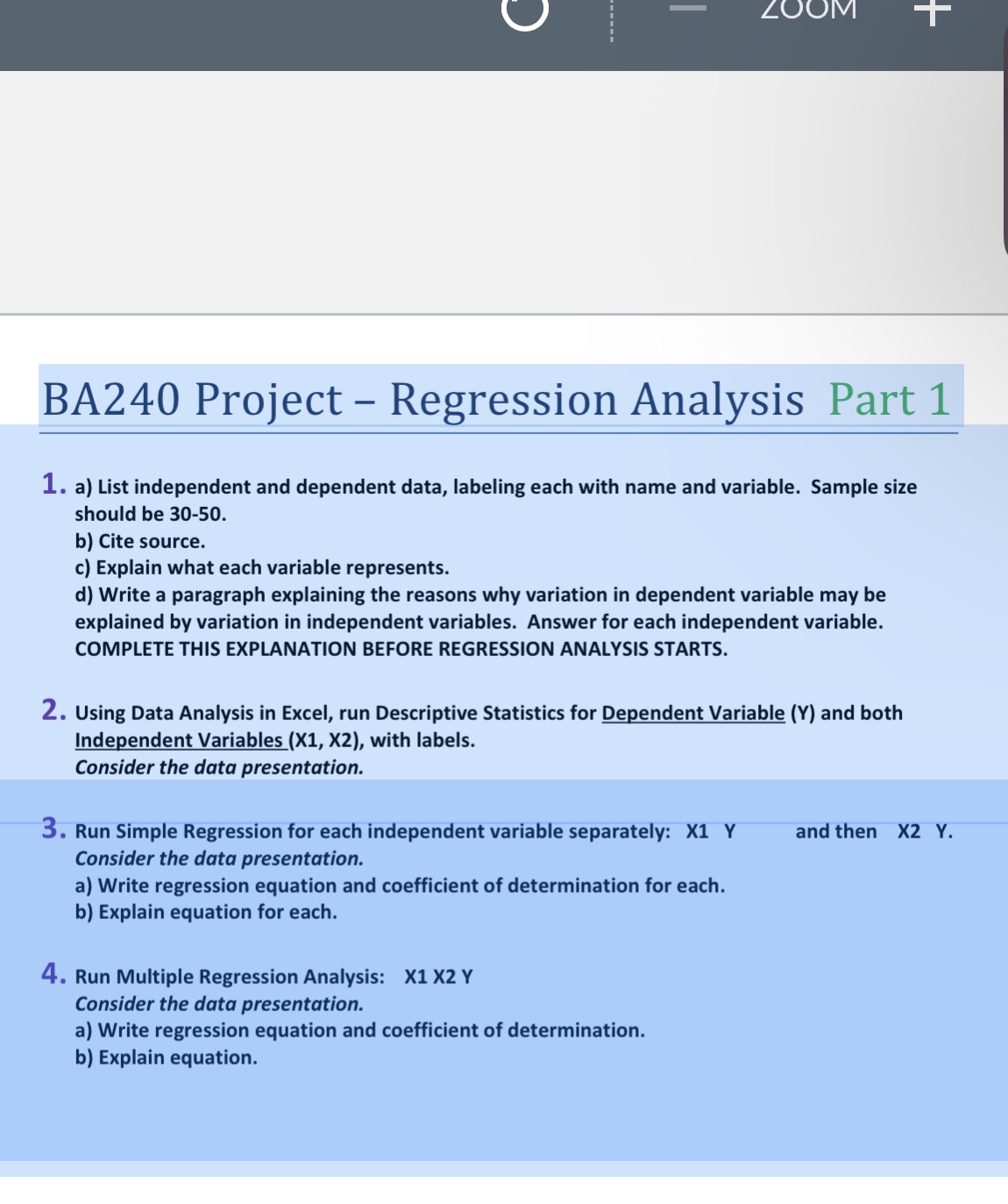 Please help me to make a BA- Regression Analysis project with the