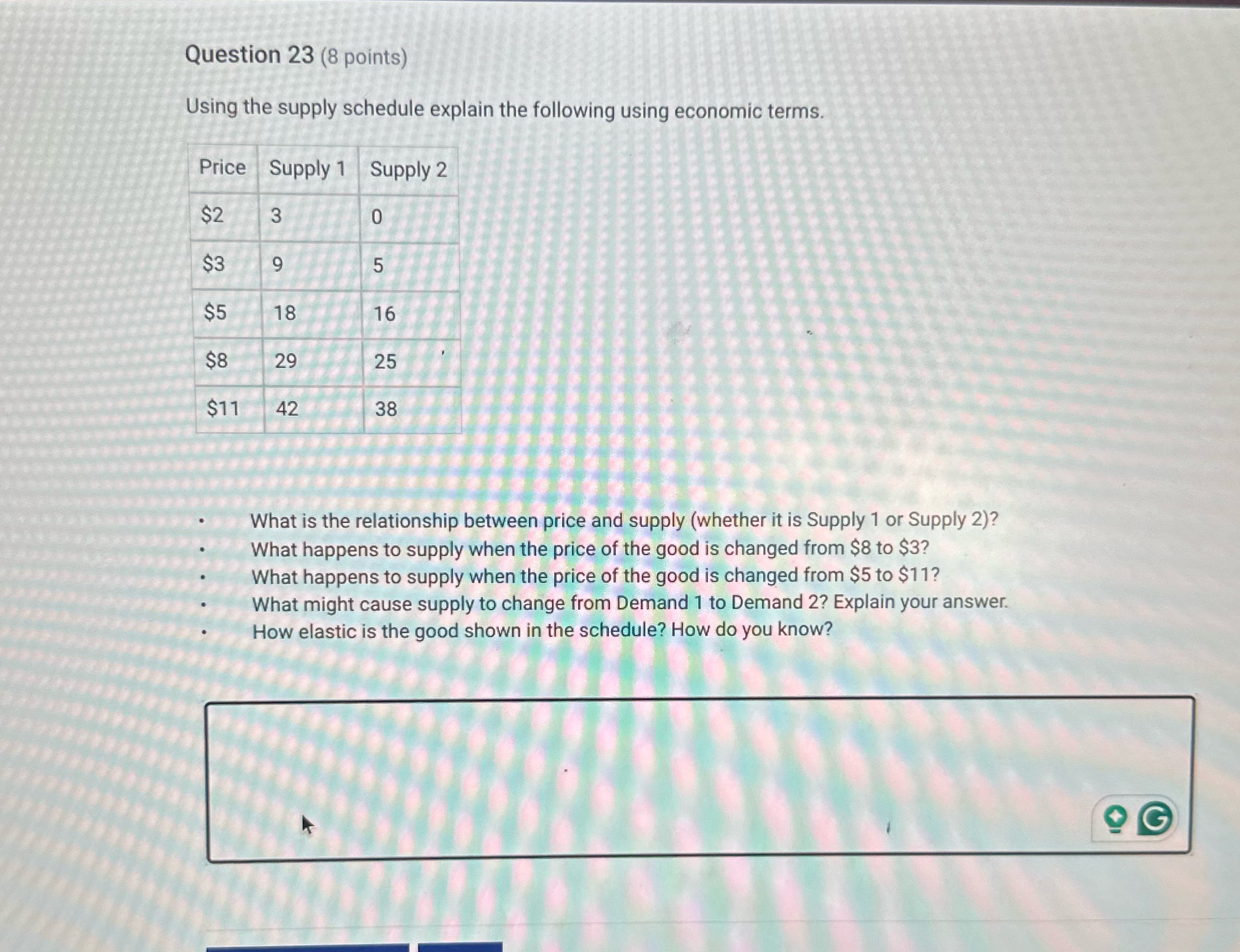 Help! Question 23 (8 points) Using the supply schedule explain the following