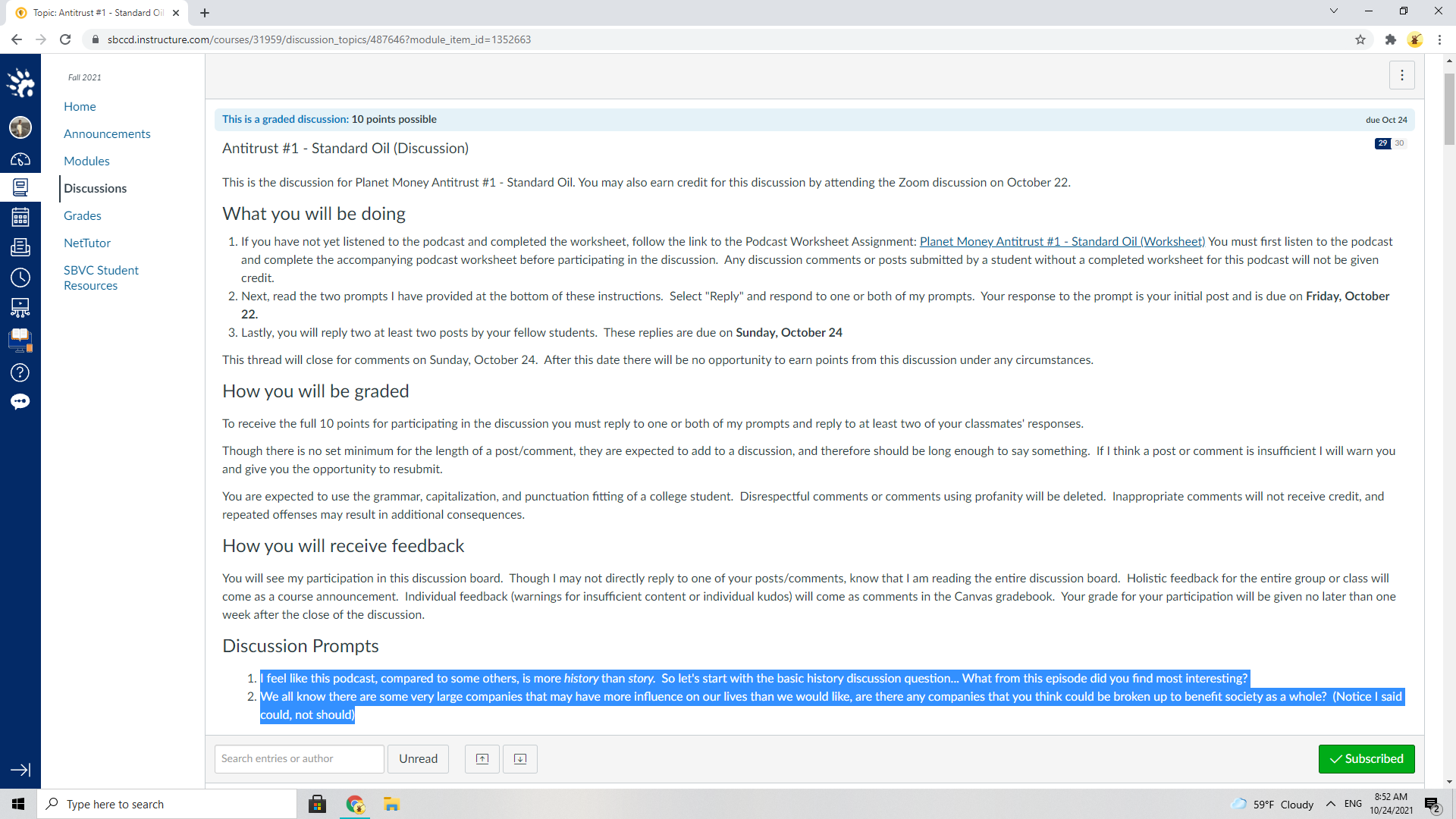  Topic: Antitrust #1 - Standard Oil x + X G sbccd.instructure.com/courses/31959/discussion_topics/487646?module_item_id=1352663