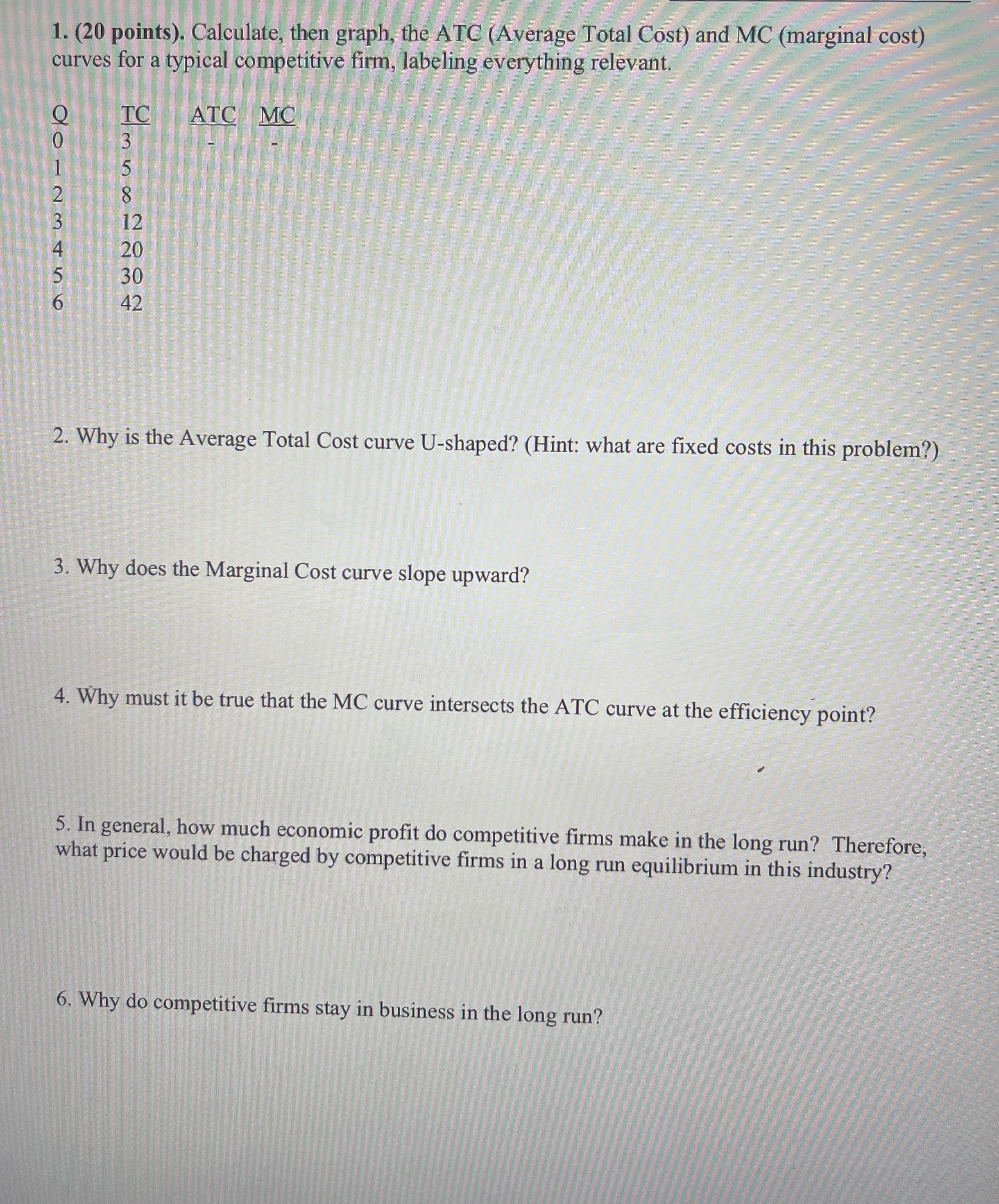 1. (20 points). Calculate, then graph, the ATC (Average Total Cost)