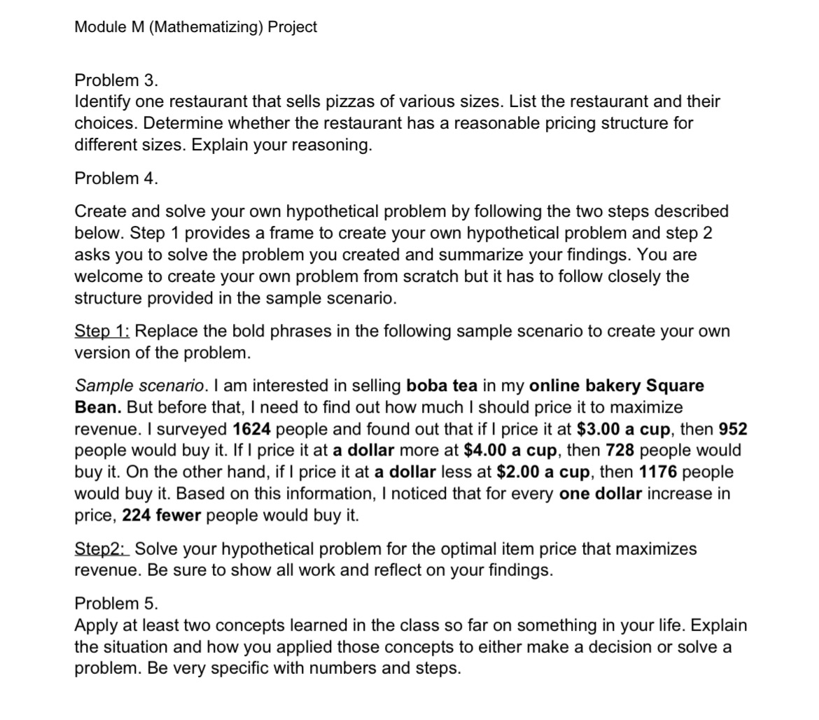 Module M (Mathematizing) Project Problem 3. Identify one restaurant that sells
