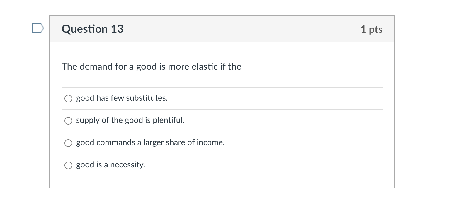  D Question 13 1 pts The demand for a good is