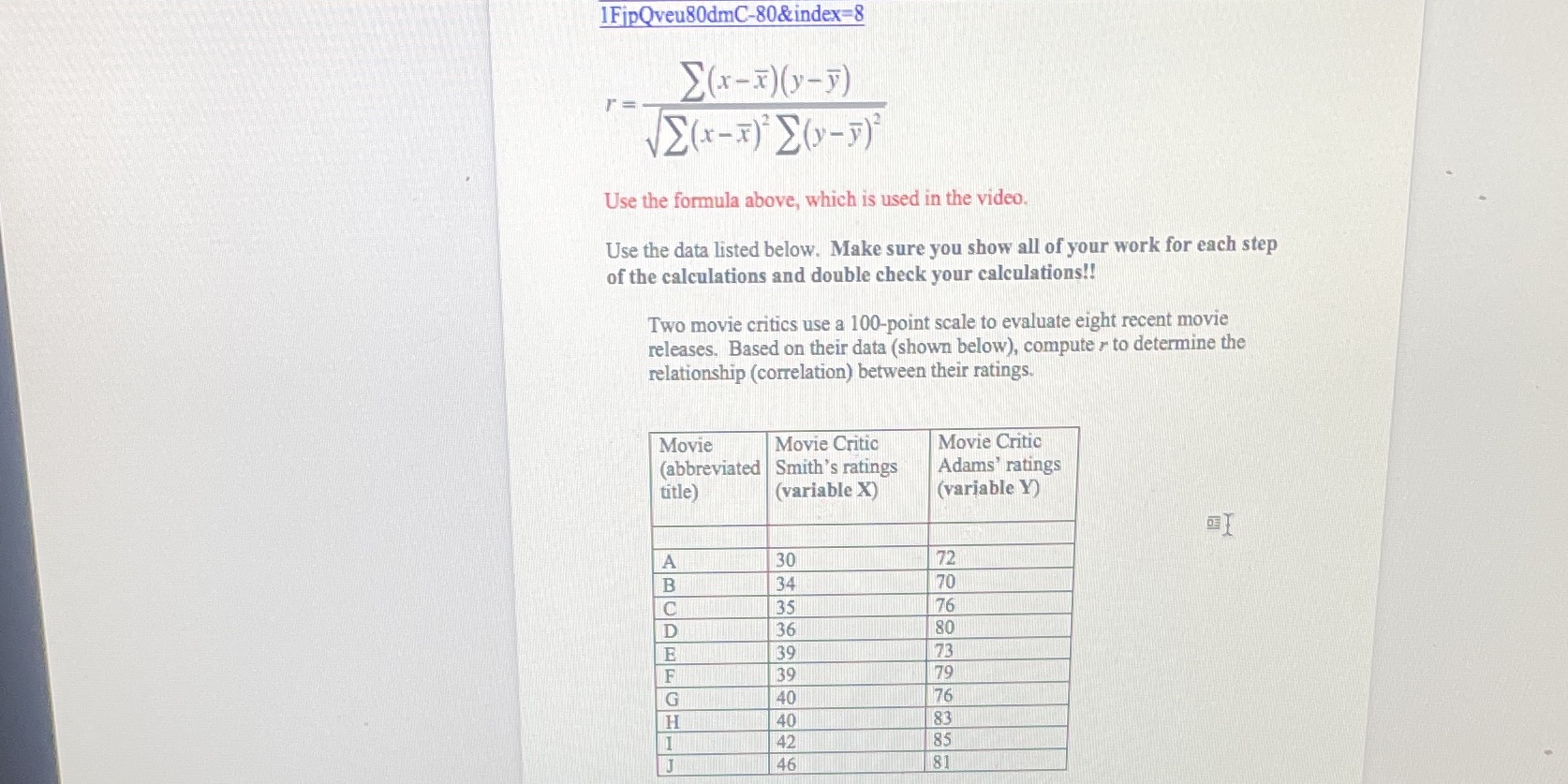 Chapter 13 (correlation) statistical problem assignment #5 IFjpQveu80dmC-80&index=8 E( x -x )