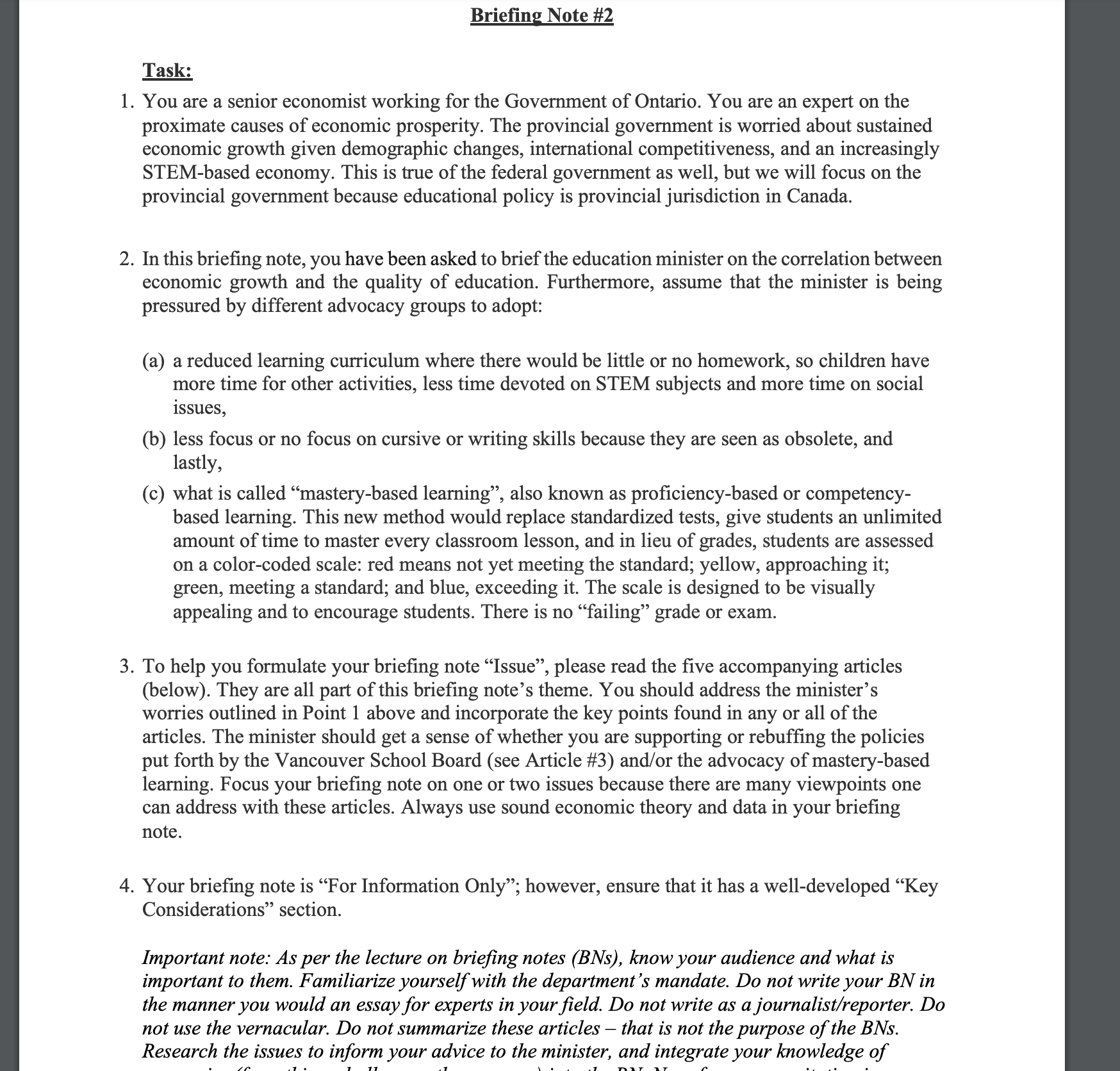  Briefing Note #2 Task: . You are a senior economist working