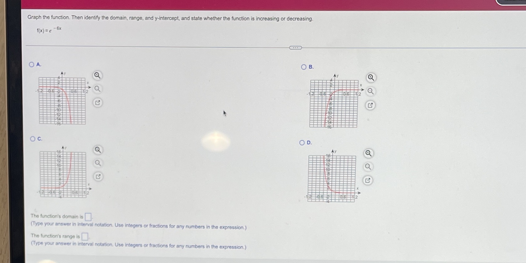  Graph the function. Then identify the domain, range, and y-intercept, and