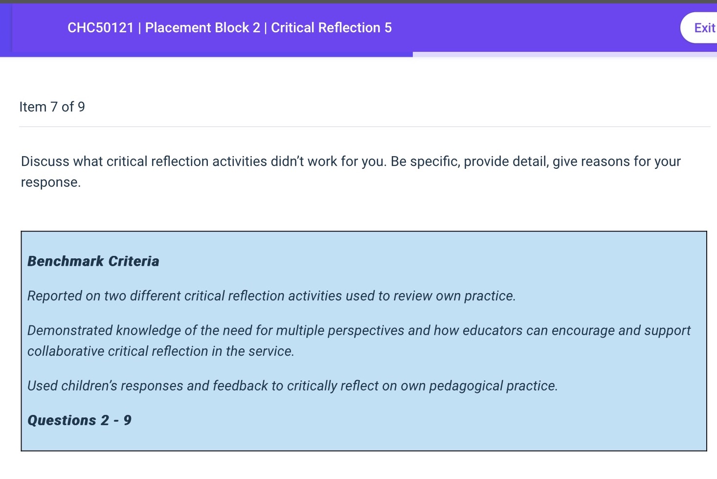  CHC50121 | Placement Block 2 | Critical Reflection 5 Exit Item